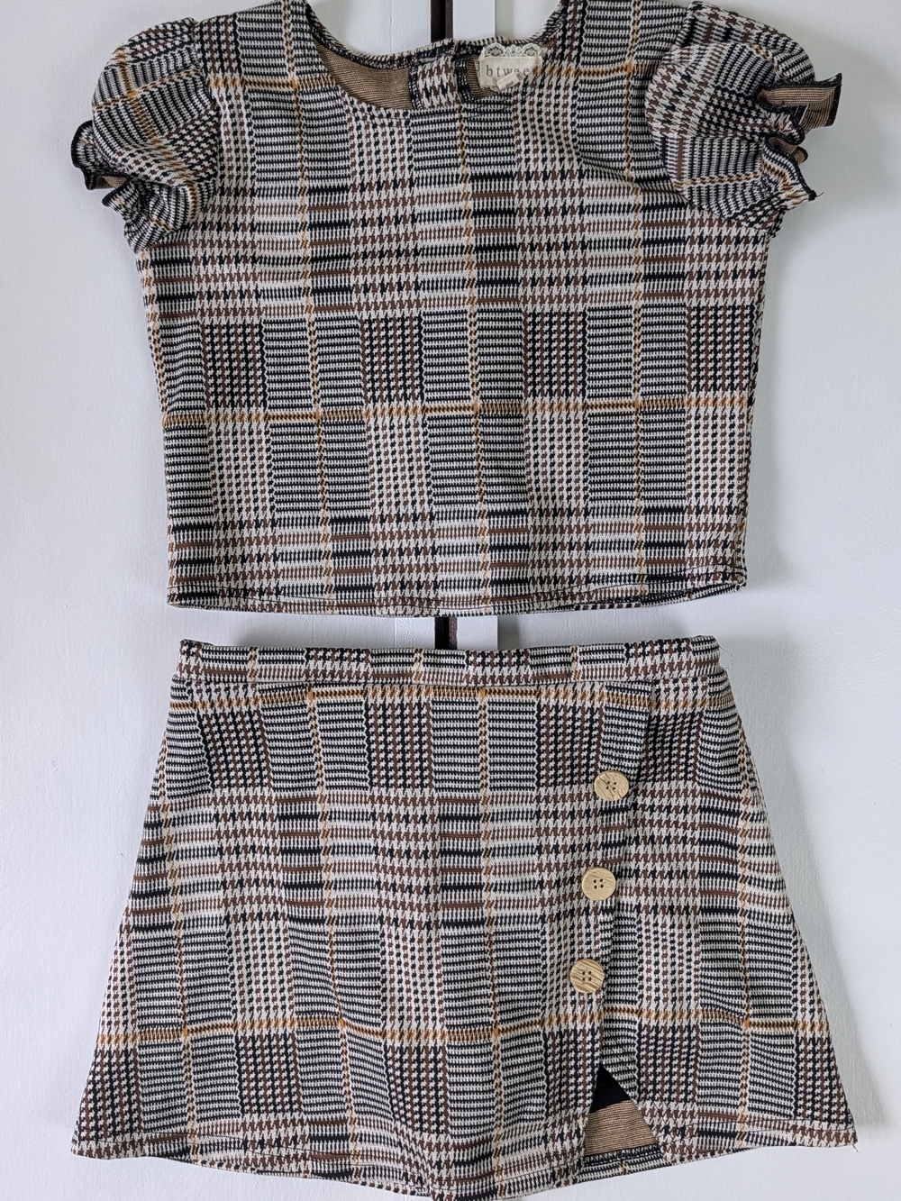 btween Plaid Two-Piece Set in Black, Tan & Cream